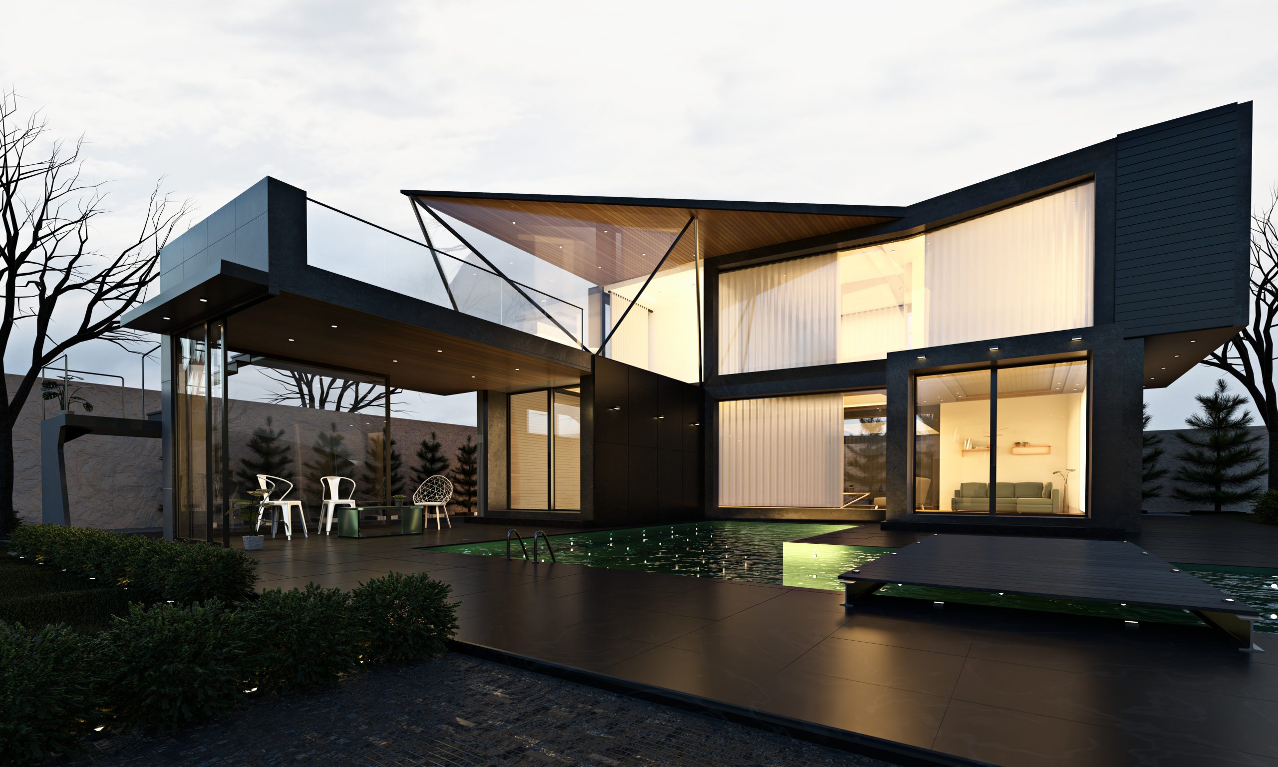 3d rendering exterior architecture modern house in night environ